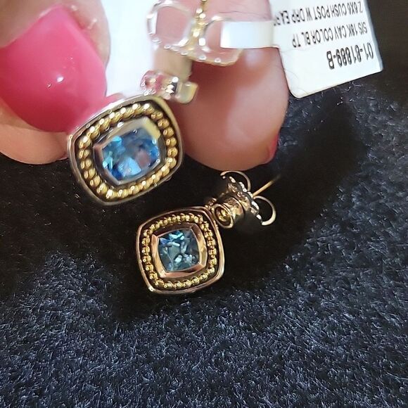 $750 NEW LAGOS CAVIAR 18K GOLD + STERLING SILVER BLUE TOPAZ DROP EARRINGS NWT - Picture 7 of 7
